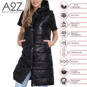 Ladies Sleeveless Gilet Oversized Hooded Quilted Gilet Padded Long Line Coat