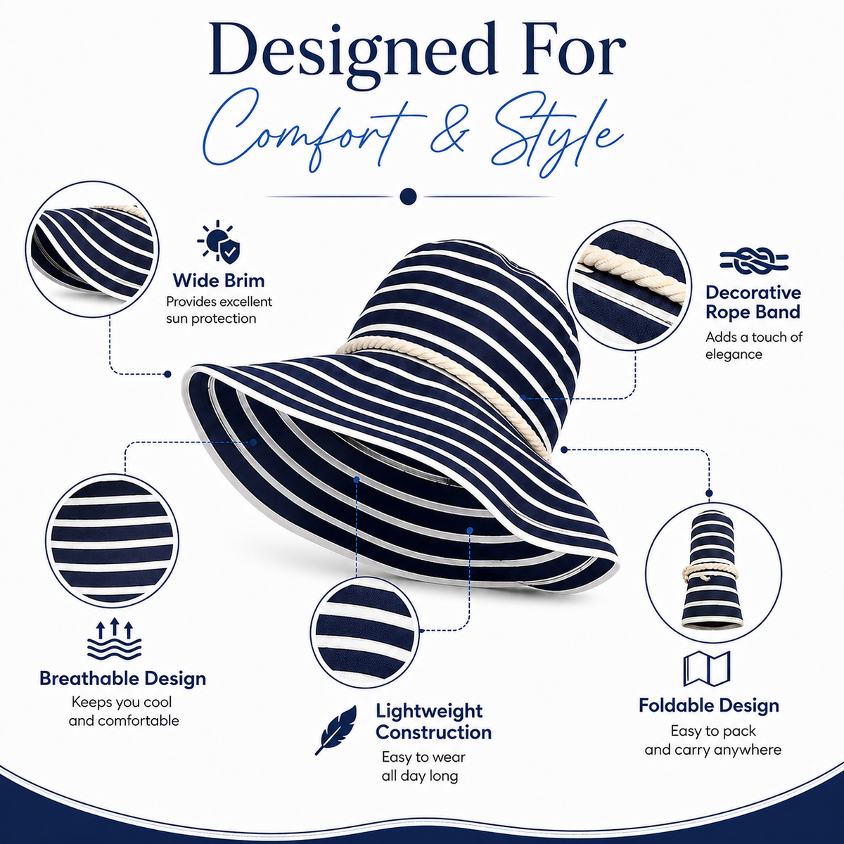 Womens Wide Brim Hat Summer Sun Foldable Hat UV Protection For Hiking, Camping