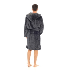 Mens Flannel Fleece Hooded Dressing Gown Sherpa Lined Robe with Belt & Pockets