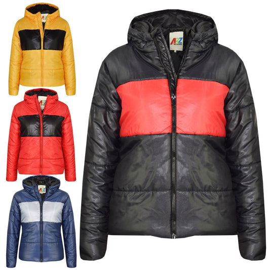 Kids Girls Boys Contrast Panel Jackets Hooded Padded Quilted Warm Coats 5-13 Yr