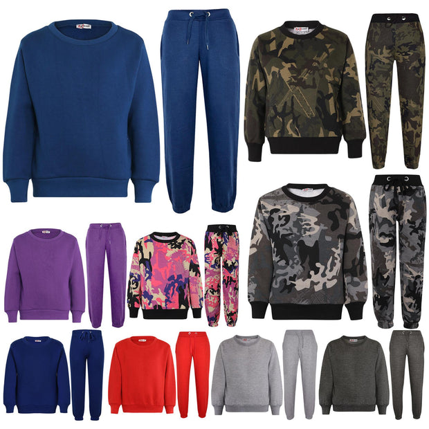 Kids Plain Tracksuit Sweatshirt Set Jumper and Bottoms PE School Girls Boys 2-13