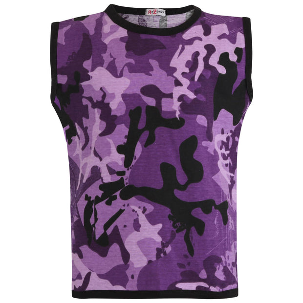 A2Z 4 Kids Girls Vest Top And Shorts 100% Cotton Camouflage Purple Taped Trendy Summer Vests Hot Pant Short Outfit Set New Age 5 6 7 8 9 10 11 12 13 Years