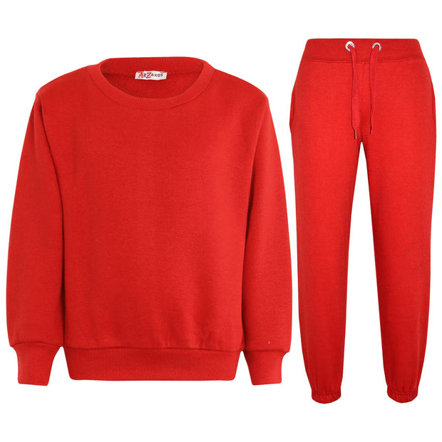 Kids Plain Tracksuit Sweatshirt Set Jumper and Bottoms PE School Girls Boys 2-13