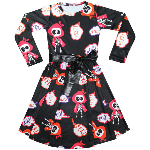 Girls Long Sleeves Skeleton Print Halloween Skater Dress - A2Z 4 Kids