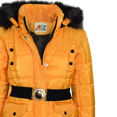 Kids Girls Puffer Jackets Faux Fur Hooded Zipped Belted Coats Age 5-13 Years