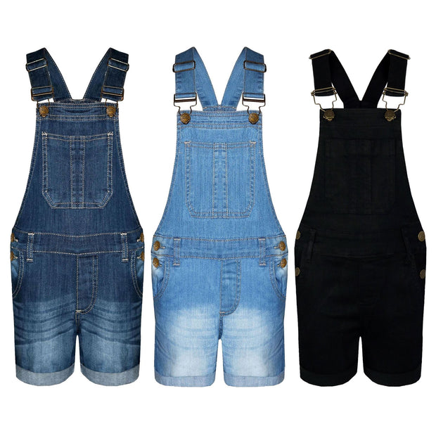 Kids Girls Denim Stretch Dungaree Shorts Jumpsuit Playsuit All In One 7-13 Years