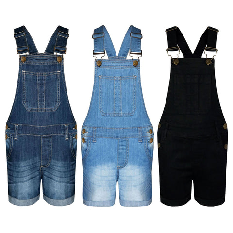 Kids Girls Denim Stretch Dungaree Shorts Jumpsuit Playsuit All In One 7-13 Years