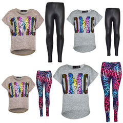 Kids Girls OMG Print T Shirt Top & Wet Look Leopard Legging Outfit Set 7-13 Yrs