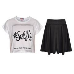 Girls Top Kids Selfie Print Stylish Crop Top & Skater Skirt Set Age 7-13 Years