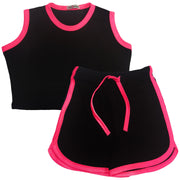 Kids Girls Shorts 100% Cotton Contrast Taped Summer Black Top & Hot Shorts Outfit Set New Age 5 6 7 8 9 10 11 12 13 Years