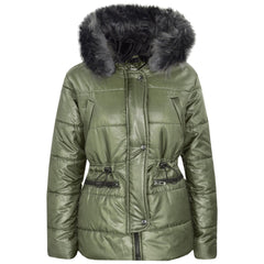 Kids Girls Jackets Puffer Hooded Detachable Faux Fur Wet Look Padded Long Coats