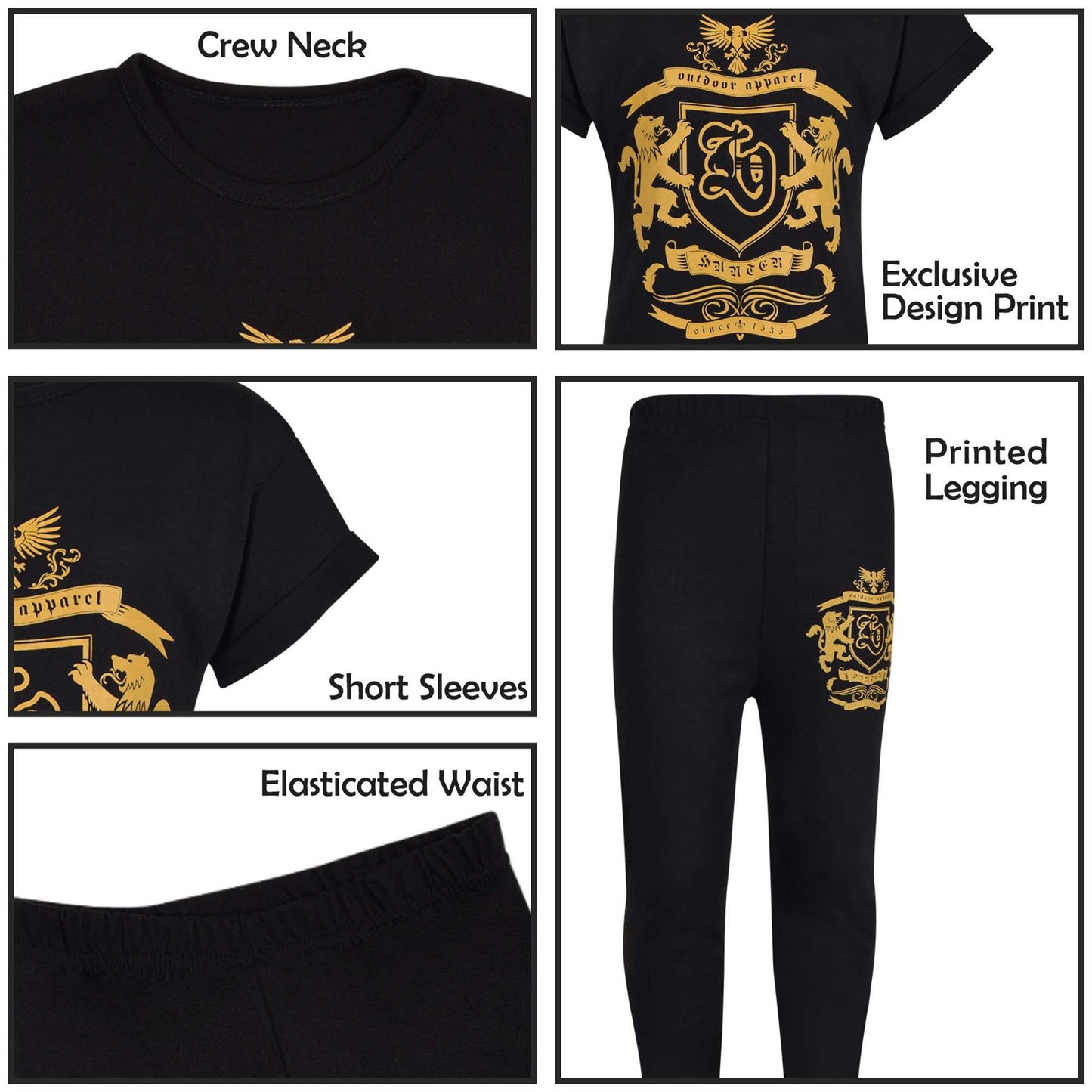 Girls Top Kids Short sleeves Varsity Lion Print T Shirt & Legging Outfit Set