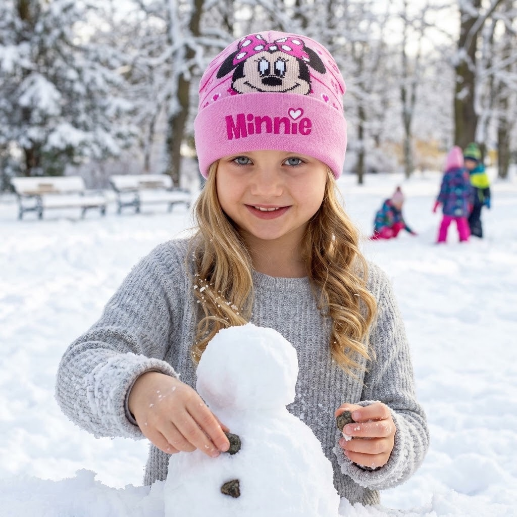 Disney Minnie Mouse Girls Pink Jacquard Knitted Winter Beanie Hat One Size