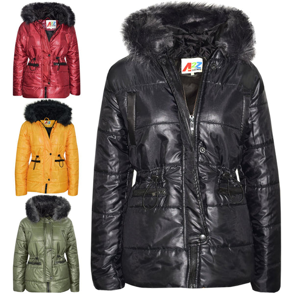 Kids Girls Jackets Puffer Hooded Detachable Faux Fur Wet Look Padded Long Coats