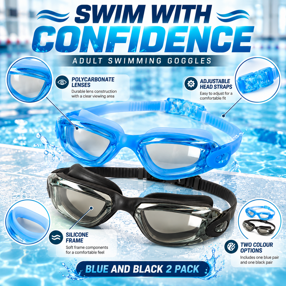 A2Z Adult Swimming Goggles 2 Pack Adjustable Strap Silicone Frame Pool Eyewear