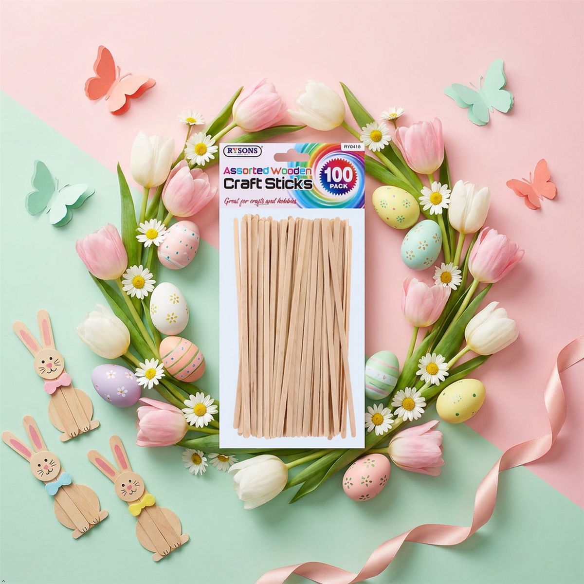 A2Z Assorted Wooden Craft Sticks 100 Pack Colour Popsicle Art Supplies 19cm