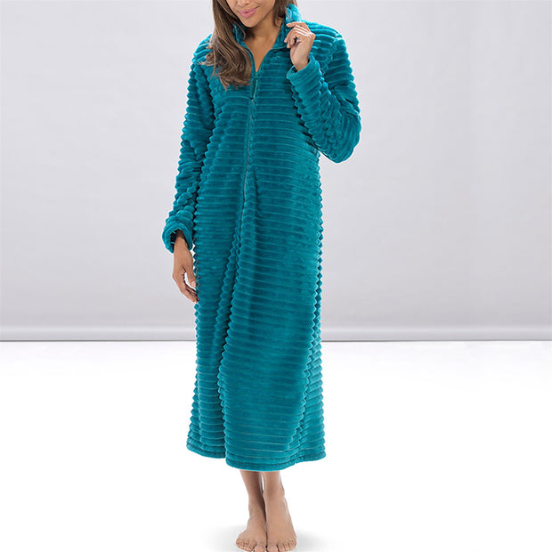 A2Z Women's Zip Through Warm Winter Ribbed Dressing Gown Elegant Ladies Loungewear Zip Up Ribbed Fleece Housecoat Cosy Winter Women's Sleepwear Lounging Robe for Parties