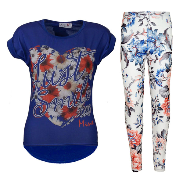Girls Top Kids Just Smile XX Print Trendy Top & Peach Floral Legging Set 7-13 Yr