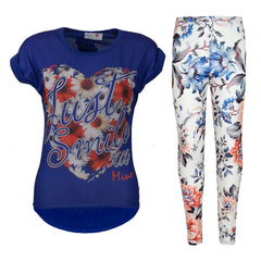 Girls Top Kids Just Smile XX Print Trendy Top & Peach Floral Legging Set 7-13 Yr