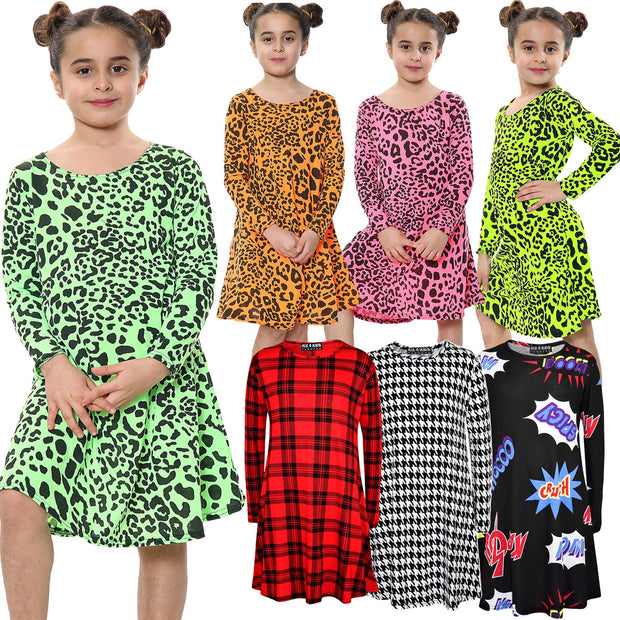 Kids Girls Swing Dresses Spicy Tartan Dog Tooth Print Fashion Dresses 3-13 Years