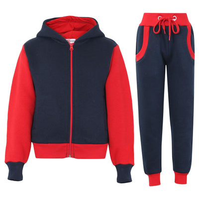 A2Z 4 Kids Girls Boys Plain Contrast Fleece Tracksuit Navy & Red Hooded Top And Bottom Joggers Sweatpants Sports Gymwear Jogging Suit Activewear Hoodie With Jogger Set Childrens Unisex Age 5-13 Years