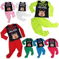 Kids Girls Boys Pyjamas Santas Little Helper Reindeer Contrast Sleeves Xmas PJS