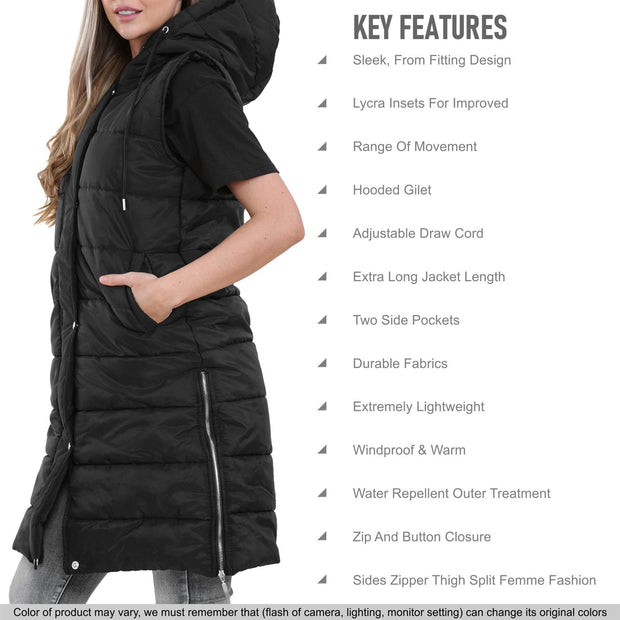 Ladies Sleeveless Gilet Oversized Hooded Quilted Gilet Padded Long Line Coat