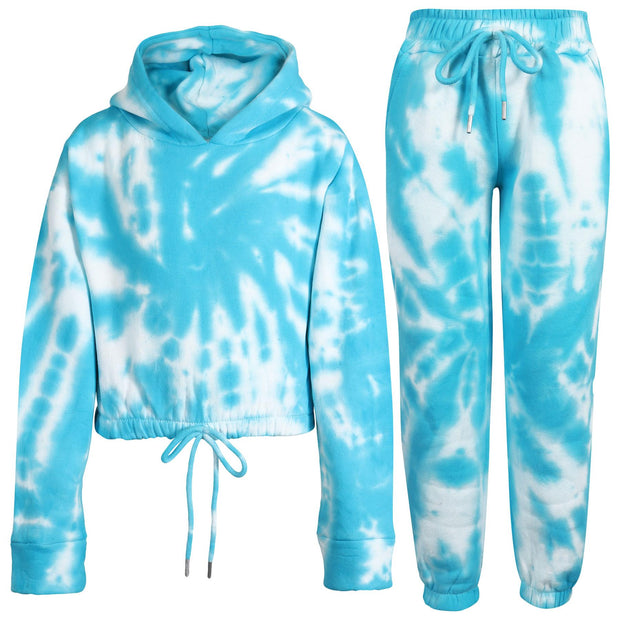 Kids Tie Dye Tracksuit Gym Cropped Hoodie Sweatpants Cord Set Girls Age 5-13