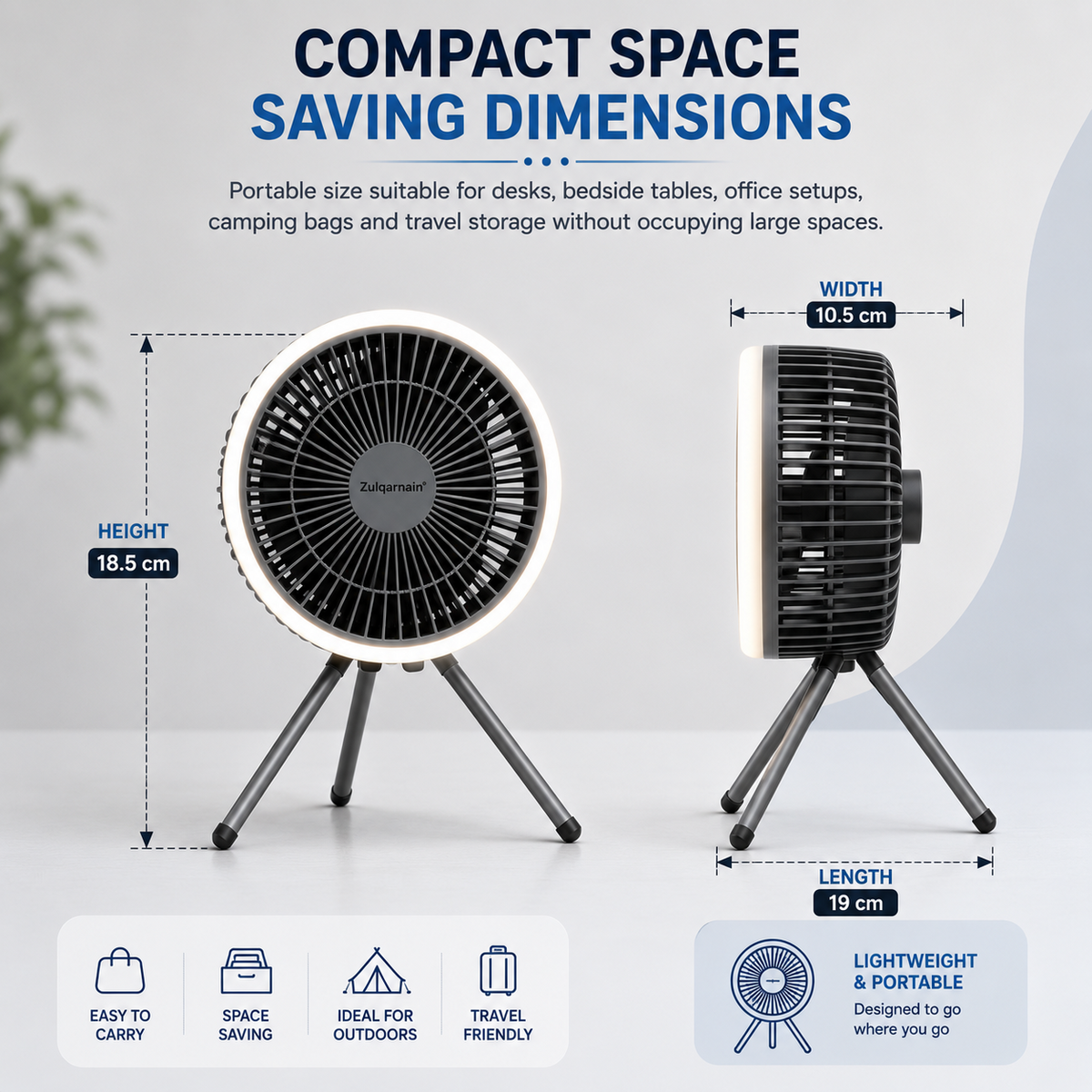 7 Inch USB Desk Fan with LED Light Portable Tripod Stand 3 Speeds Camping Fan