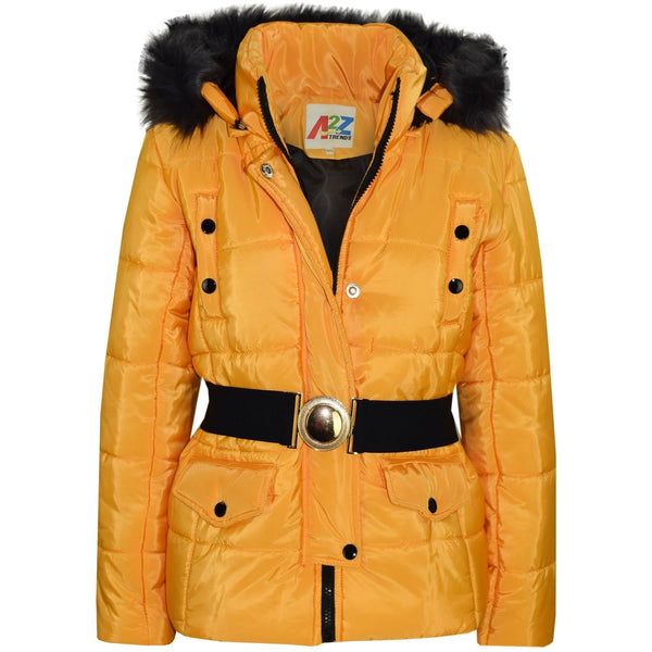Kids Girls Puffer Jackets Faux Fur Hooded Zipped Belted Coats Age 5-13 Years
