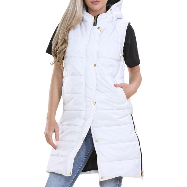 A2Z Ladies Adults Sleeveless Gilet Oversized Hooded White Quilted Gilet Padded Long Line Vest Jacket Sleeveless Coat Urban Winter Wear