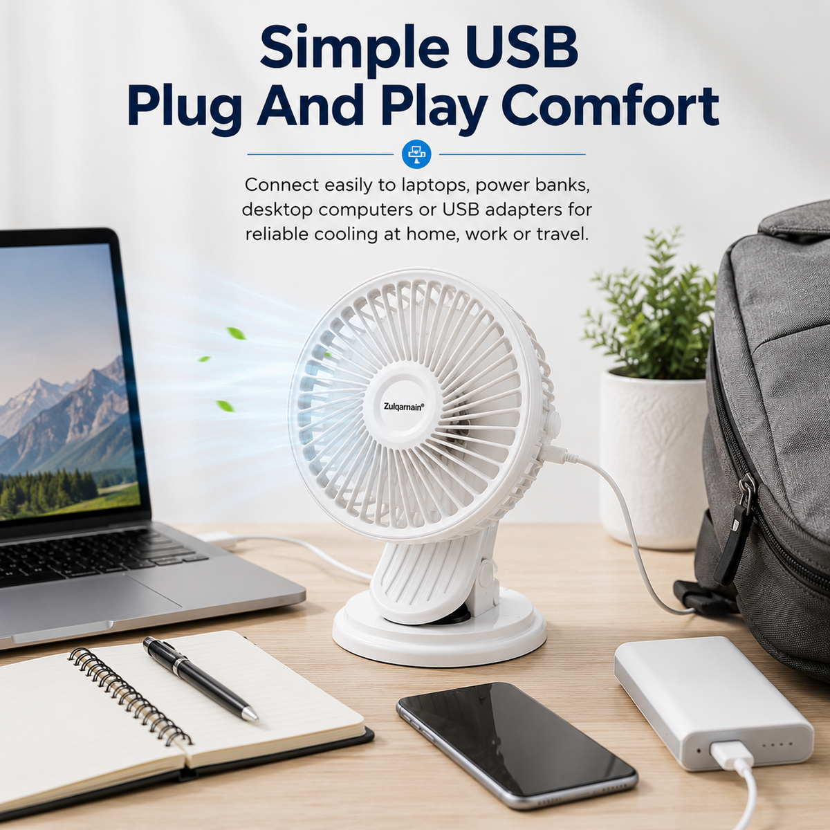 5 Inch USB White Clip Desk Fan 2 in 1 Portable Cooling Fan with 3 Speed Settings