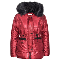 Kids Girls Jackets Puffer Hooded Detachable Faux Fur Wet Look Padded Long Coats