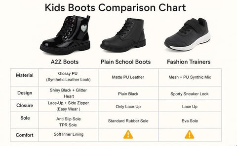 A2Z 4 Kids Girls Teens Ladies School Shoes Black Patent Glitter Heart Ankle Boot