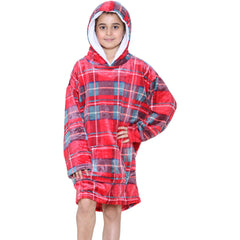 Kids Girls Boys Oversized Hoodie Blue Tartan Printed Snuggle Soft Fleece Blanket