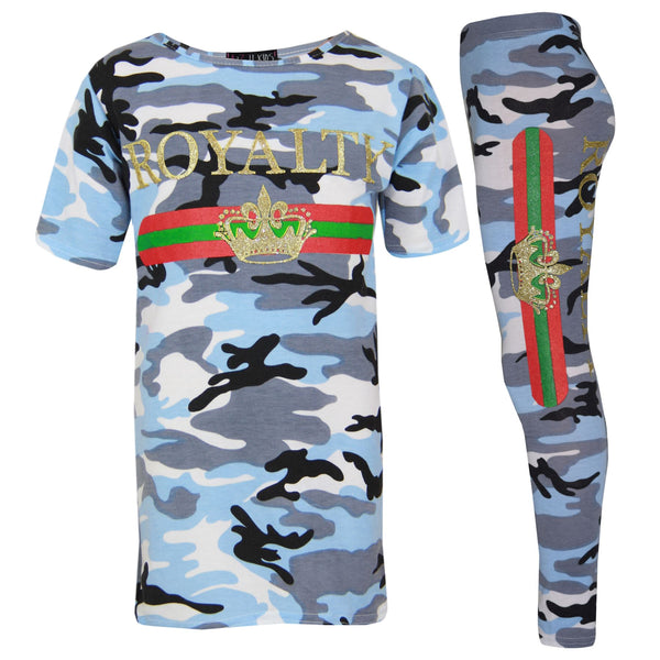 Girls Tops Kids Royalty Camouflage T Shirt Top & Legging Loungewear Set 7-13 Yr