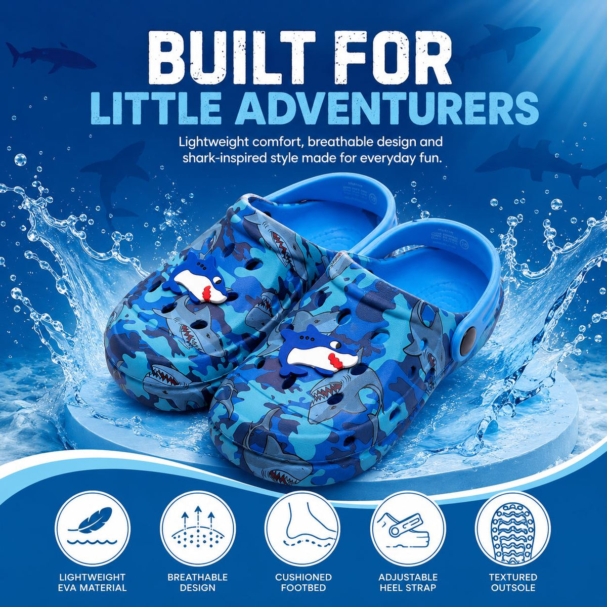 Kids Boys Girls Shark Print Clogs Kids EVA Garden Lightweight Summer Slip On