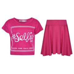 Girls Top Kids Selfie Print Stylish Crop Top & Skater Skirt Set Age 7-13 Years