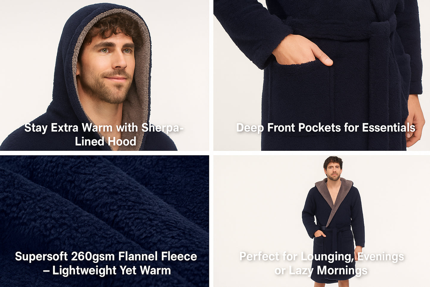 A2Z Mens Sherpa Fleece Hooded Robe Soft Warm Fluffy Bathrobe Cosy Loungewear