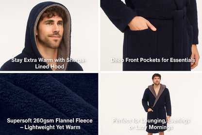 A2Z Mens Sherpa Fleece Hooded Robe Soft Warm Fluffy Bathrobe Cosy Loungewear