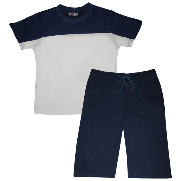 A2Z 4 Kids Two Colour Block Contrast Panel Navy Blue Top & Shorts Set Short Sleeves T Shirt Summer Outfit 2 Piece Activewear Girls Boys Age 5-13 Years