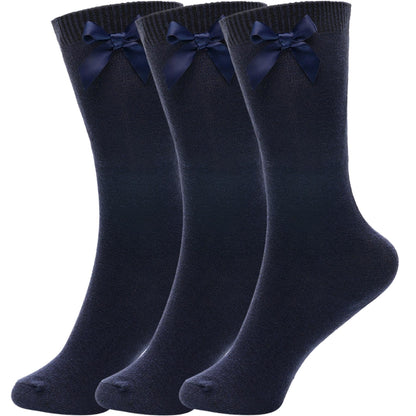 Kids Girls Plain Knee High Socks With Ribbon Bow Pack of 3 School Cotton Socks