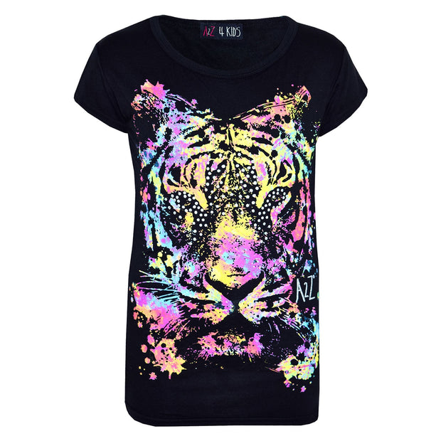 Girls Top Tiger Face Print Stylish Fahsion Trendy T Shirt Top New Age 7 8 9 10 11 12 13 Years - A2Z 4 Kids