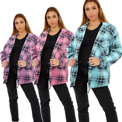 Ladies Shacket Checked Button Down Shirt Jacket Top Oversize Coat For Women