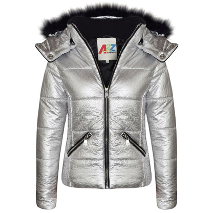 Girls Puffer Jacket Quilted Winter Coat Faux Fur Hood Warm Padded Zipped Coat