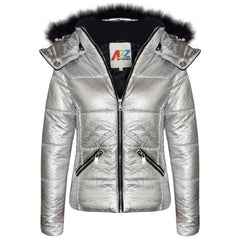 Girls Puffer Jacket Quilted Winter Coat Faux Fur Hood Warm Padded Zipped Coat