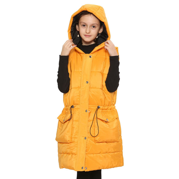 A2Z Kids Girls Down Vest Fashion Oversized Mustard Hooded Quilted Gilet Padded Long Line Vest Jacket Long Sleeveless Coat Urban Winter Wear Age 7-13 Years