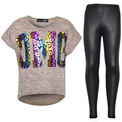 Kids Girls OMG Print T Shirt Top & Wet Look Leopard Legging Outfit Set 7-13 Yrs