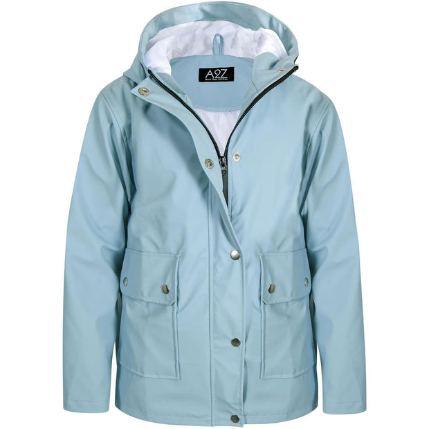 A2Z 4 Kids PU Raincoat Jackets Dusty Blue Windbreaker Waterproof Parka Shower Resistant Hooded Raincoat Girls Boys Age 5-6, 7-8, 9-10, 11-12 & 13 Years - A2Z 4 Kids