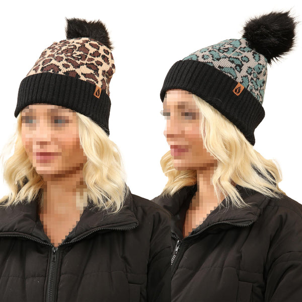 A2Z Ladies Hats Leopard Knit Bobble Beanie Pom Pom Winter Warm Soft Cosy Caps
